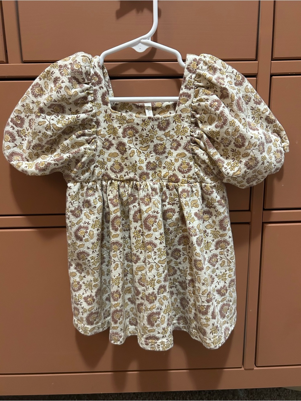 Rylee + Cru Floral Puff-Sleeve Dress Top - Cream, Brown, Yellow